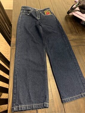 Zumiez Women's Dark Blue Relaxed Jeans with Flame Pocket Patch